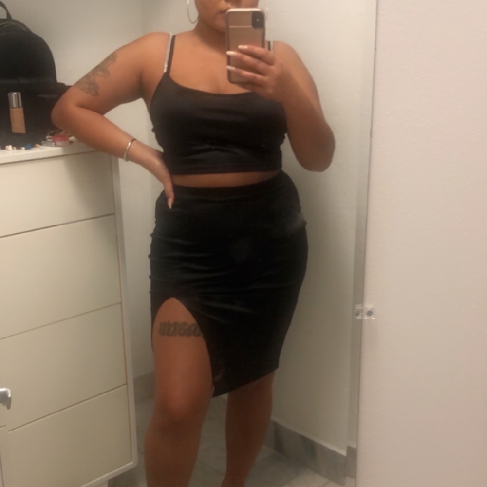 Black Satin Rhinestone Straps Slit Skirt Two Piece Set